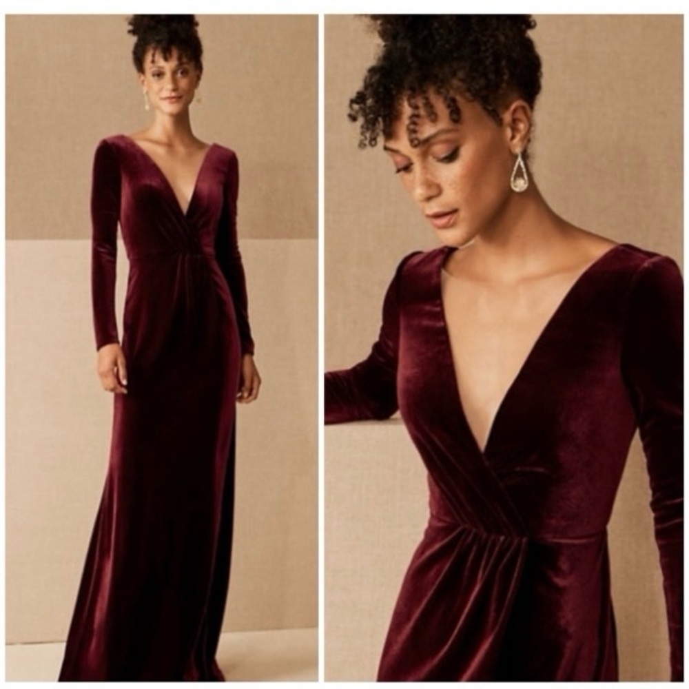 Jenny Yoo Ryland Velvet Formal Gown Long Sleeves Plunging back BHLDN Size 6